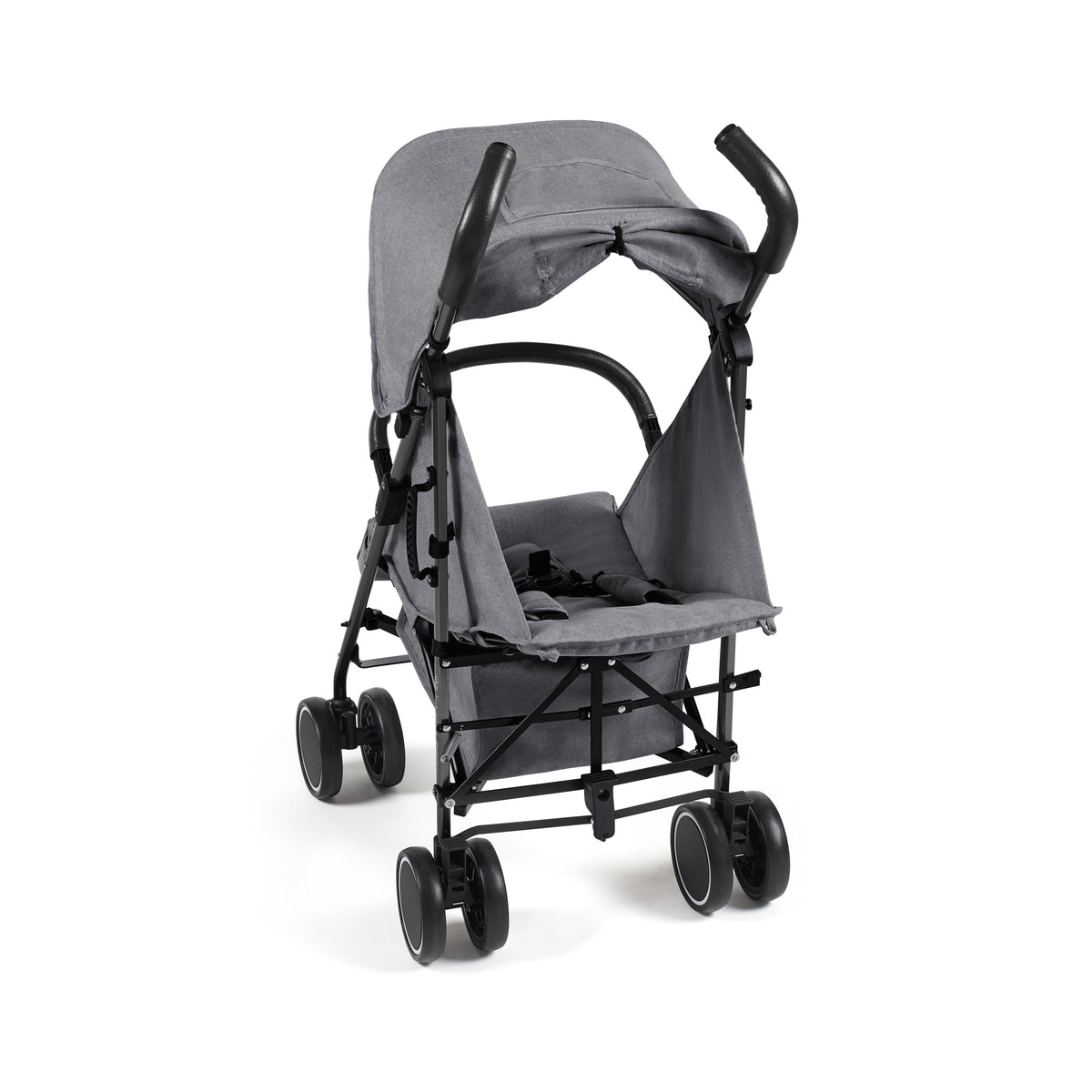 Gray fabric ickle bubba discovery stroller with black metal frame and wheels shown from the back side