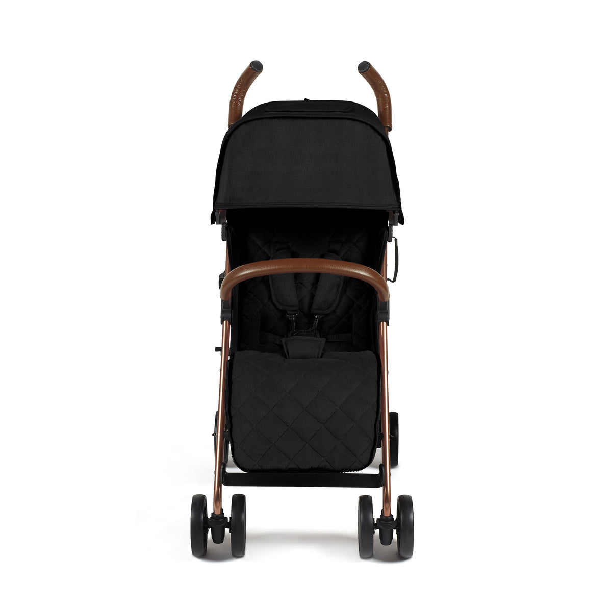 Ickle Bubba Discovery MAX stroller in black with rose gold frame and brown leather-like handles for smooth rides