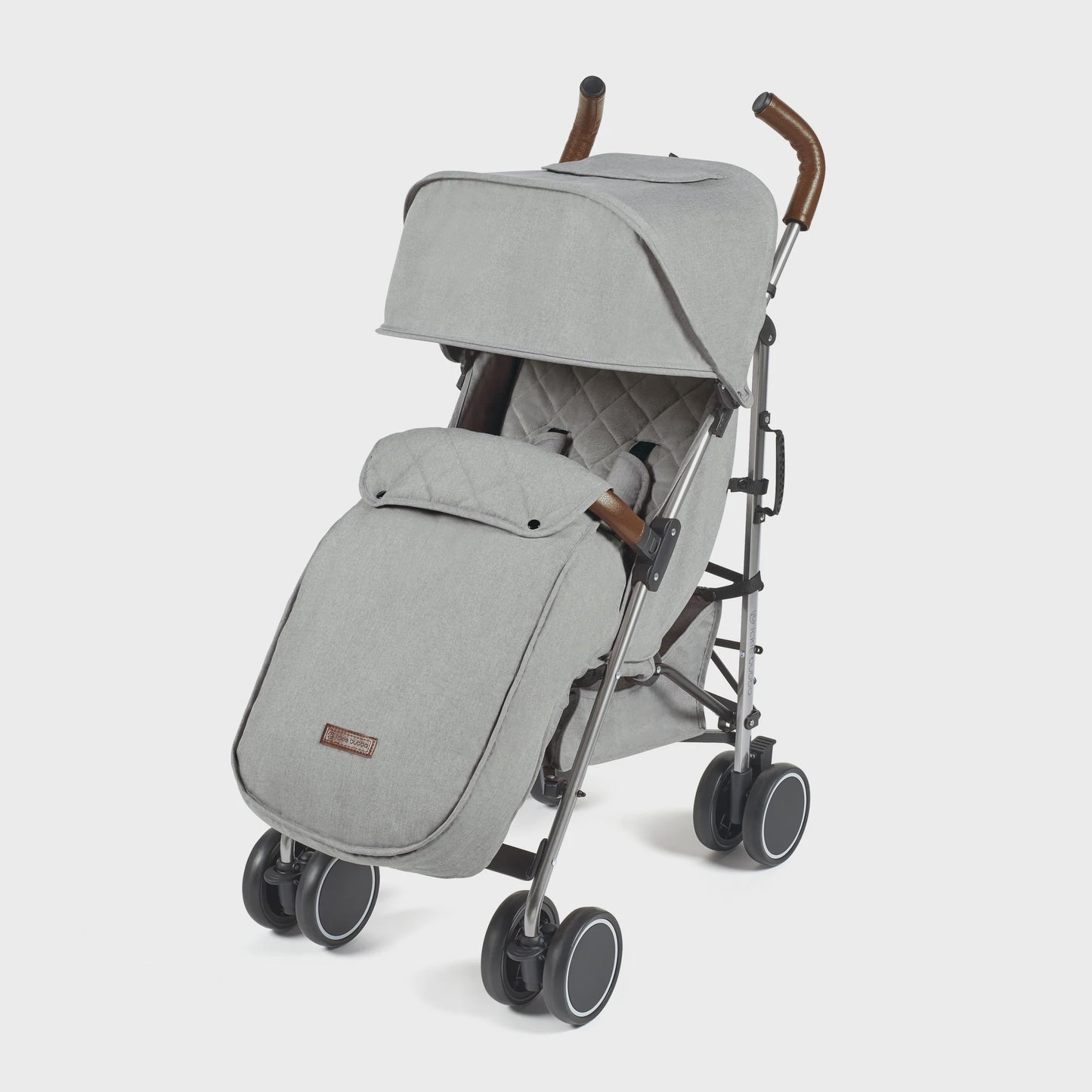 Gray fabric ickle bubba discovery max stroller with wooden handle grips and black wheels shown from the back side