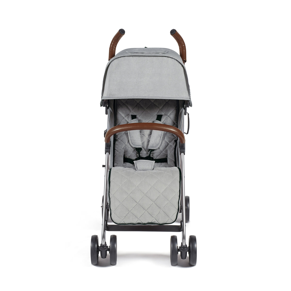 Ickle Bubba Discovery MAX stroller grey with gray quilted seat brown leather handles and sleek metallic frame
