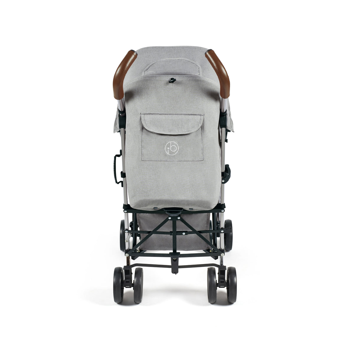 Ickle Bubba Discovery MAX stroller in grey with brown leather handles and black metal frame shown from the back side