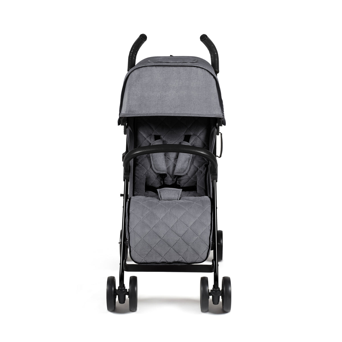 Gray quilted ickle bubba discovery max stroller with black frame and curved handles in graphite grey