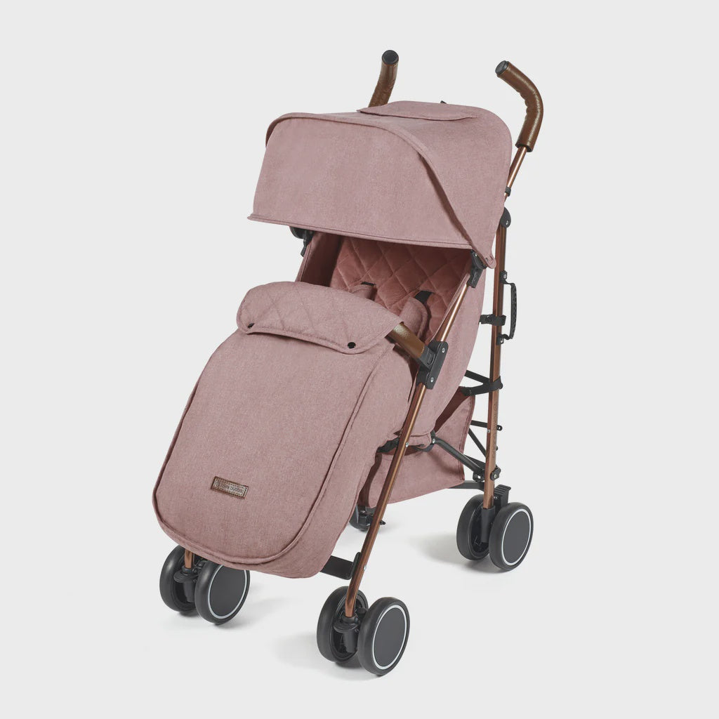 Ickle Bubba Discovery MAX stroller in dusky pink with rose gold frame wooden handles soft pink canopy and footmuff black wheels