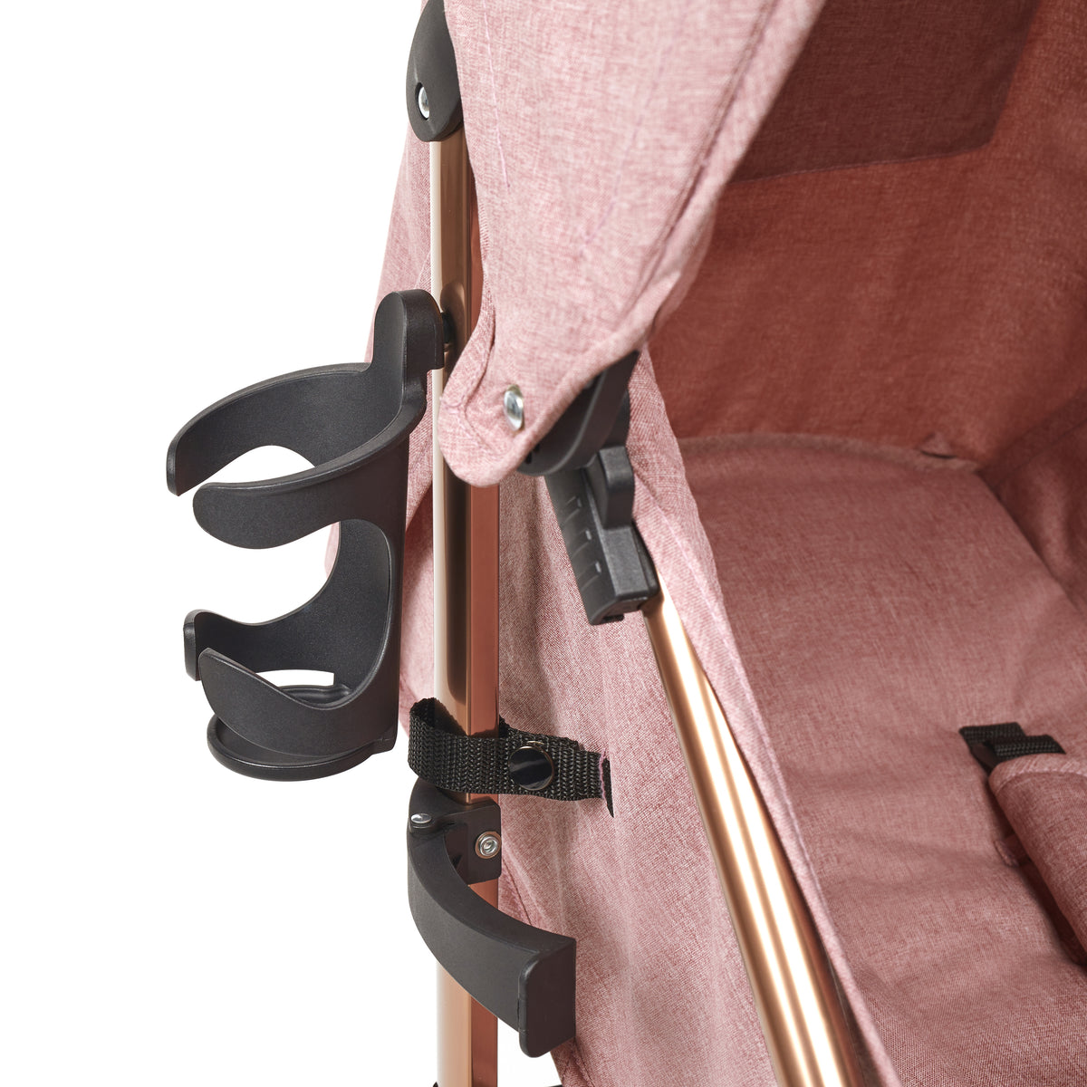 Black plastic cup holder attached to the stroller frame of ickle bubba discovery max stroller in dusky pink