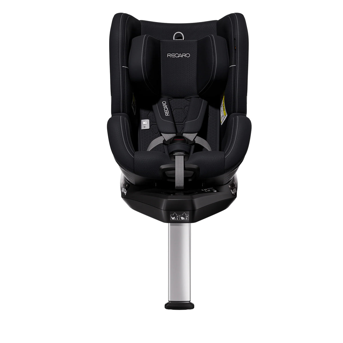 Recaro TORON 1 KID in Fresh Black, front view with padded harness and extended silver support leg.