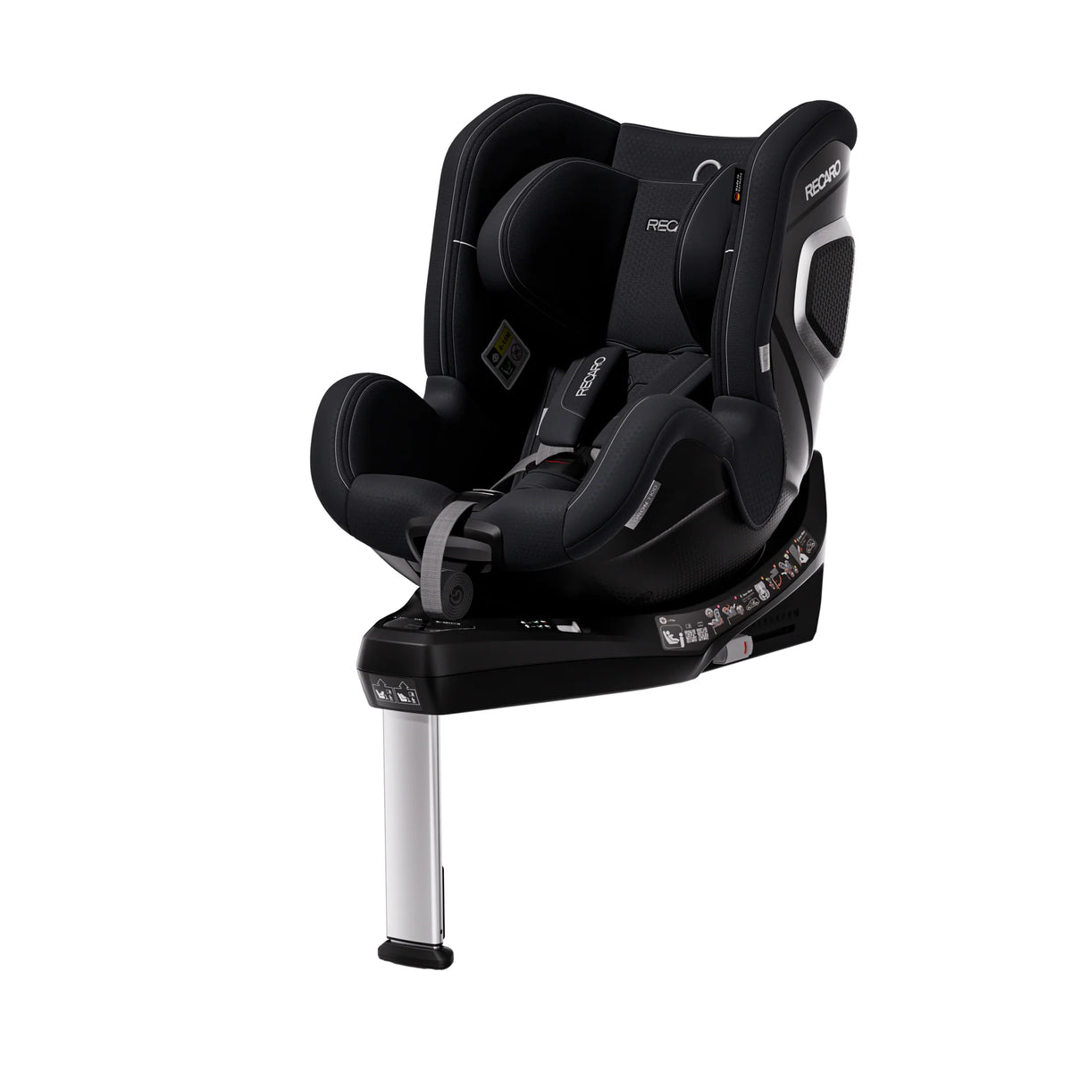 Fresh Black TORON 1 KID, angled front view showing padded harness, silver-trimmed shell and extended support leg.