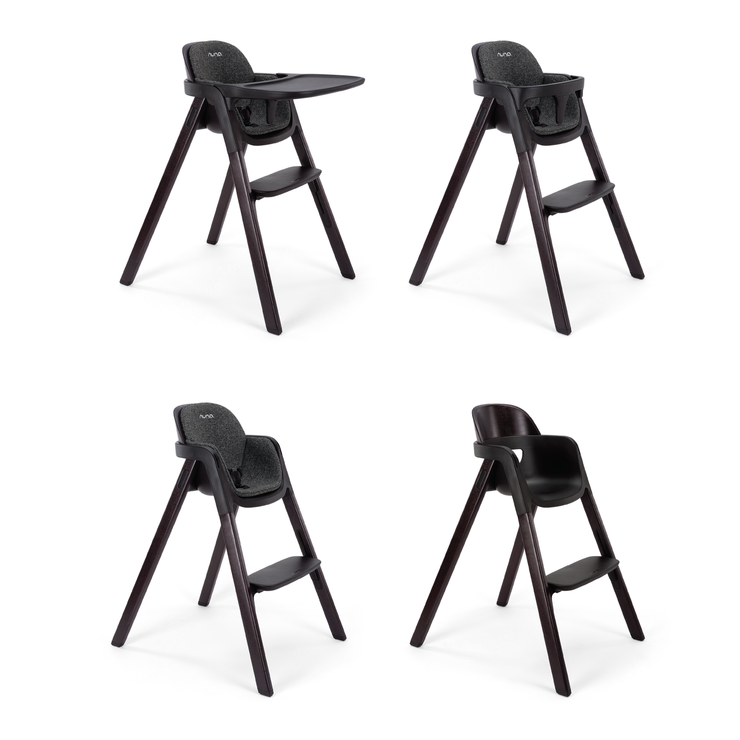 Black nuna bryn highchair with wooden legs and padded seat designed for comfortable toddler seating