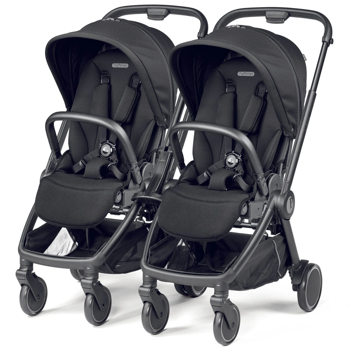 Black double stroller Peg Perego City Loop twin bundle with sleek design and durable fabric seats in true black