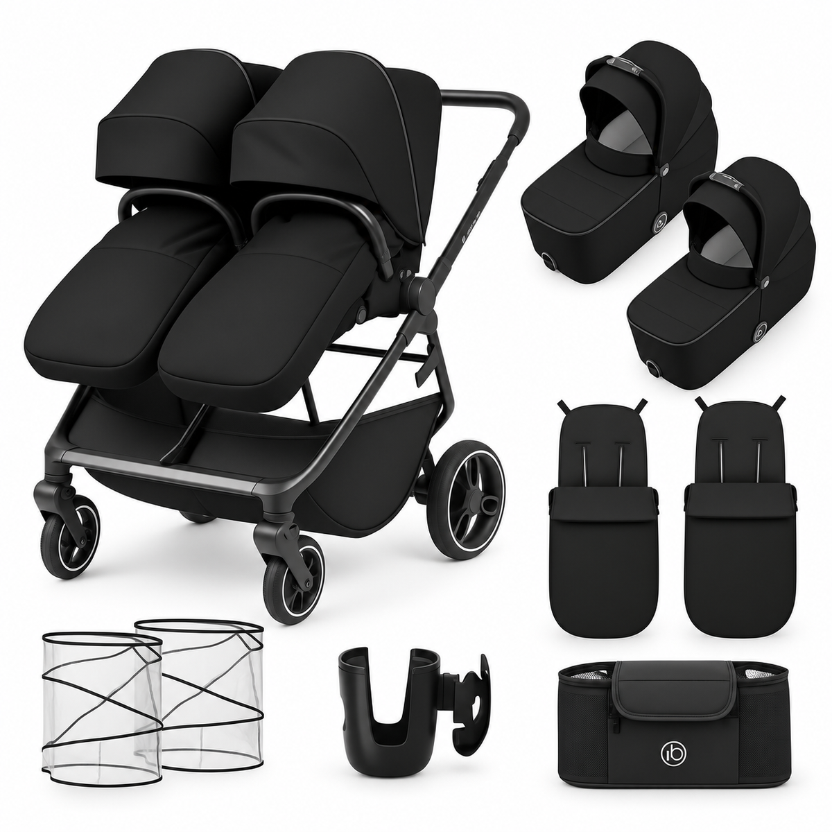 Ickle Bubba Altair Twin Pram with 2 Carrycots – Black
