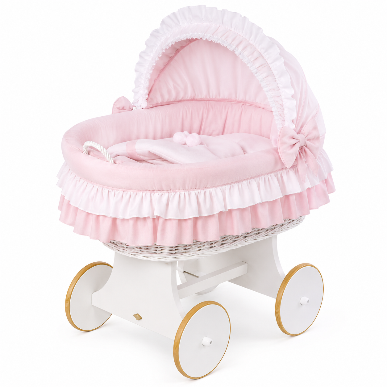 MJ Marks Luna White Wicker Crib with Pink Bedding