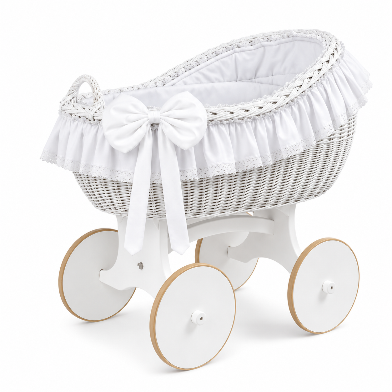 MJ Marks Bianca White and White Wicker Crib with Lace Bedding