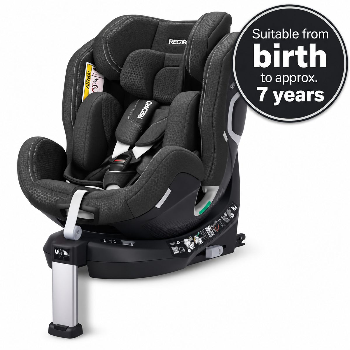 Fresh Black XENON 1 with padded insert and harness; graphic states suitable from birth to approximately 7 years.