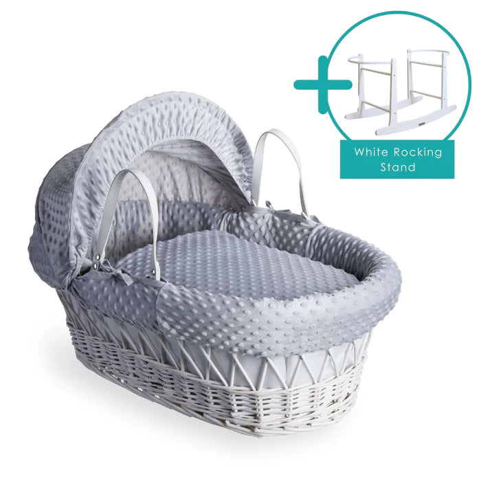 Baby Wicker Moses Basket in White Wicker and Grey Dimple bedding By Clair De Lune