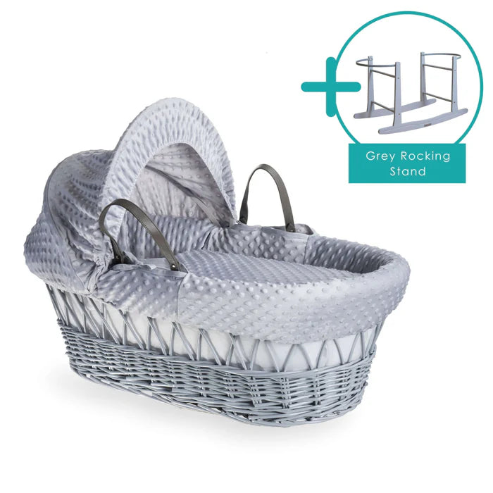 Grey Wicker Baby Moses Basket in Grey Dimple By Clair De Lune