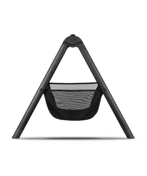 Black triangular venicci upline 3 home stand carrycot stand with mesh storage pouch for baby gear organization