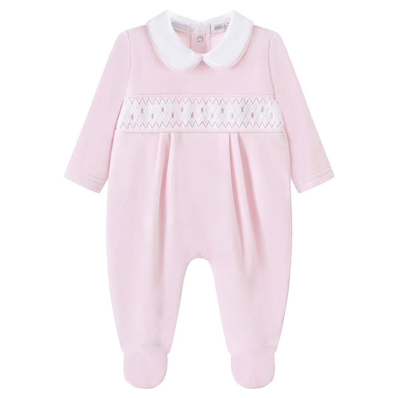 Baby Girls Pink Velour Polka Dot Smocked Sleepsuit – 0-9 Months
