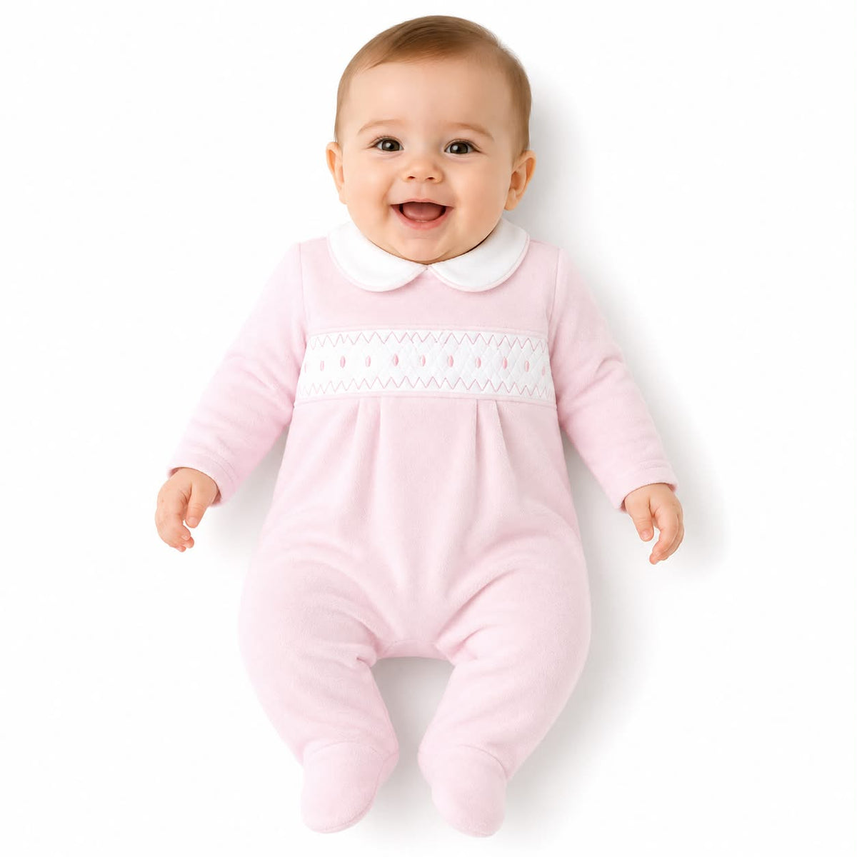 Baby Girls Pink Velour Polka Dot Smocked Sleepsuit – 0-9 Months