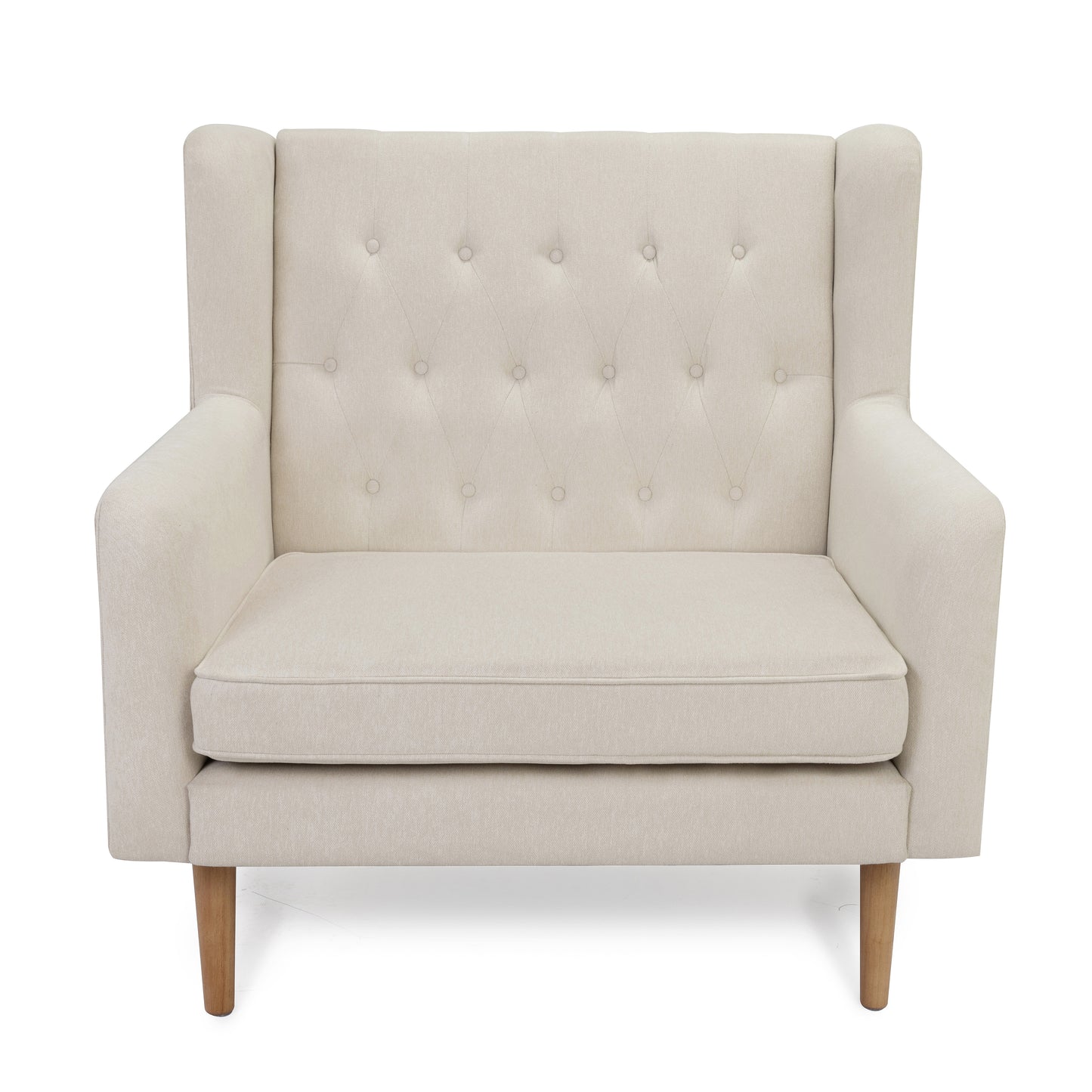 Babymore lux snuggle rocking chair ivory with cream-colored tufted upholstery and wooden legs for comfortable seating