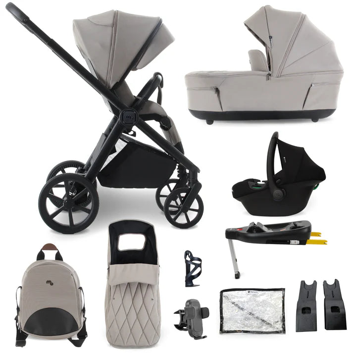 Gray and black my babiie mb450 luxe 3-in-1 travel system with isofix includes stroller, carrycot, car seat base, and backpack