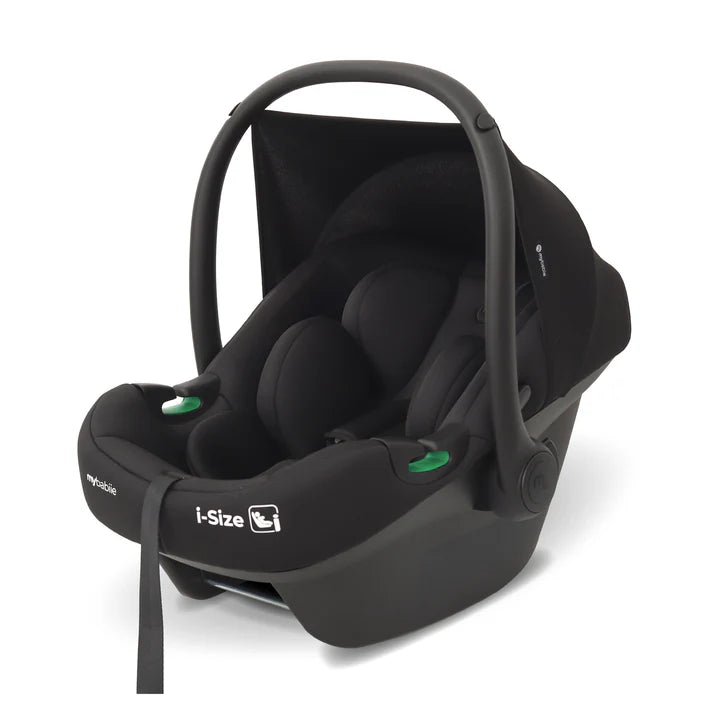 Black mybabiie i-size infant car seat with green accent buttons and padded interior from my babiie mb220 travel system