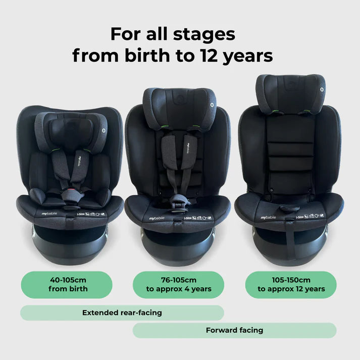 Black mybabiie mbcs200 spin r129 convertible car seat with top tether designed for infants to 12 year olds
