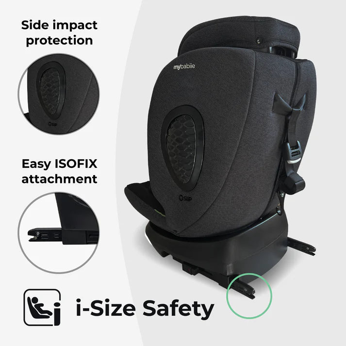 Black mybabiie mbcs200 spin r129 convertible car seat with textured fabric and padded headrest for child safety