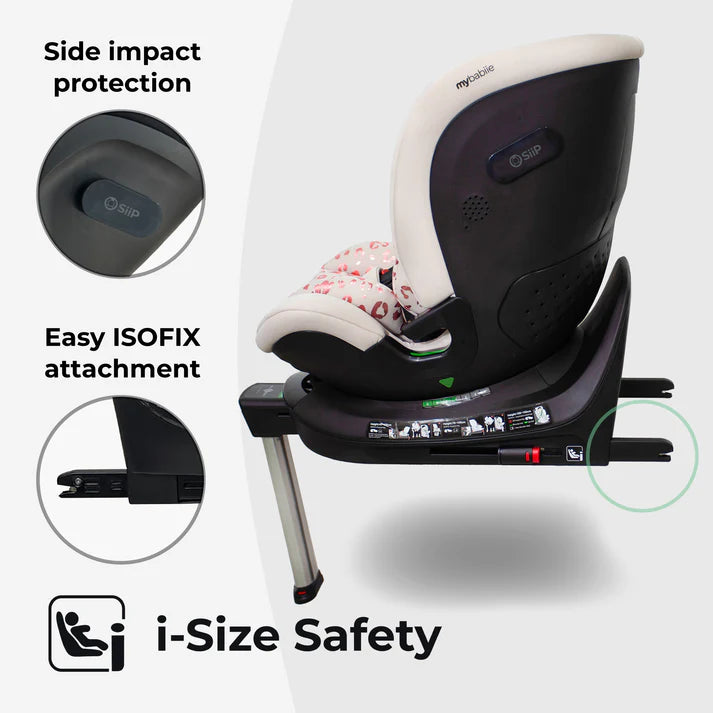 Black and white mybabiie mbcs400 spin r129 convertible car seat with pink leopard patterned cushion and support leg