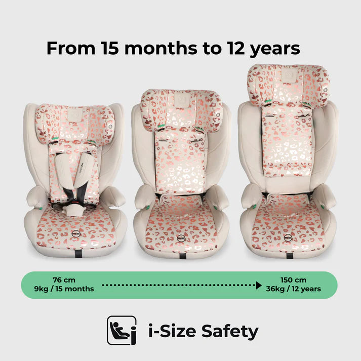 My babiie mbcs75 pink leopard-print toddler to booster car seat with beige frame and isofix for ages 15 months to 12 years