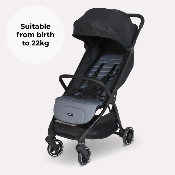 My Babiie MBX6 auto-fold compact stroller black foldable with canopy adjustable seat and four wheels for easy transport