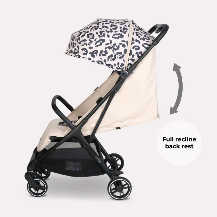 My babiie mbx6 auto fold compact stroller with black and white leopard print canopy beige fabric seat and black frame