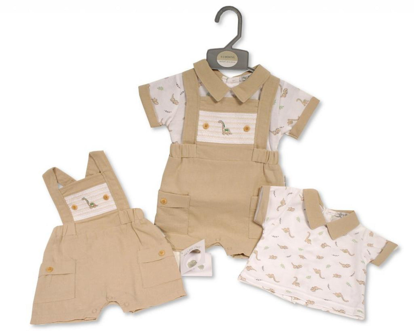 Beige baby boys dinosaur embroidered dungaree and top set with short-sleeved shirts and matching overalls