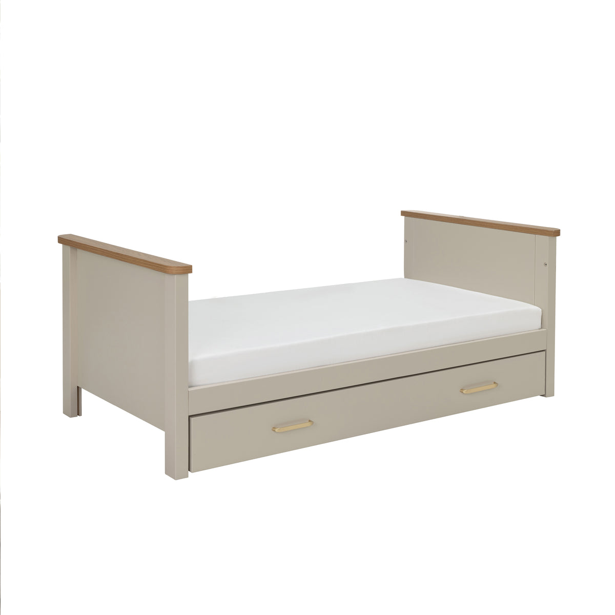 Beigemore mira cot bed in cashmere warm oak with beige wooden daybed and built-in drawer for storage