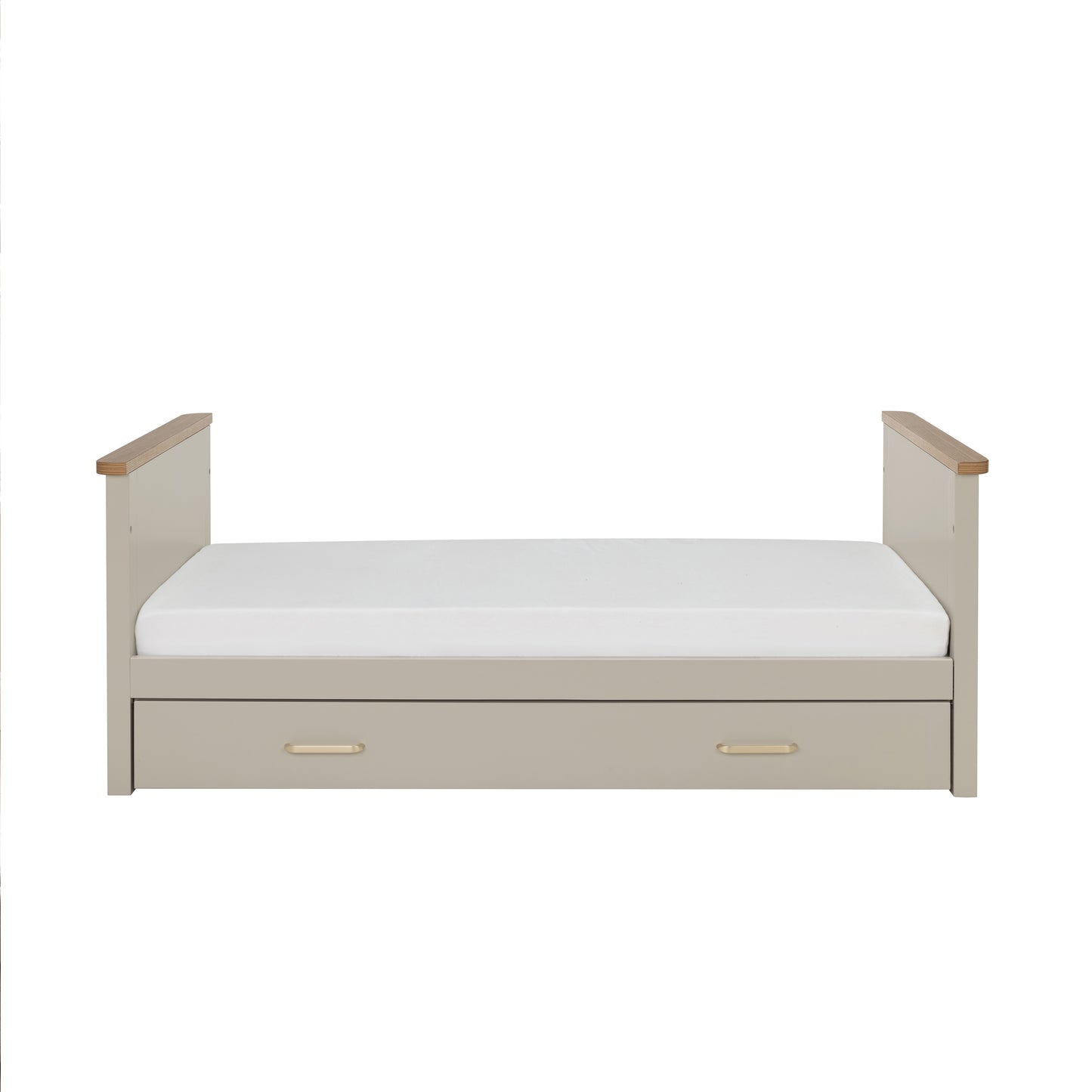 Babymore Mira cot bed beige daybed with light wood armrests and two under-bed drawers in cashmere warm oak