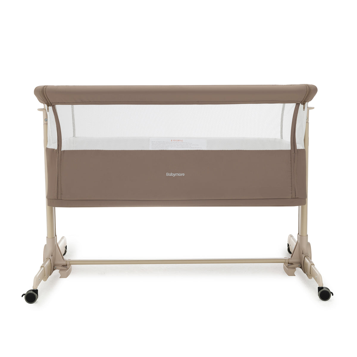 Beige babymore Neera bedside convertible crib with mesh sides and caster wheels for easy mobility in mocha finish
