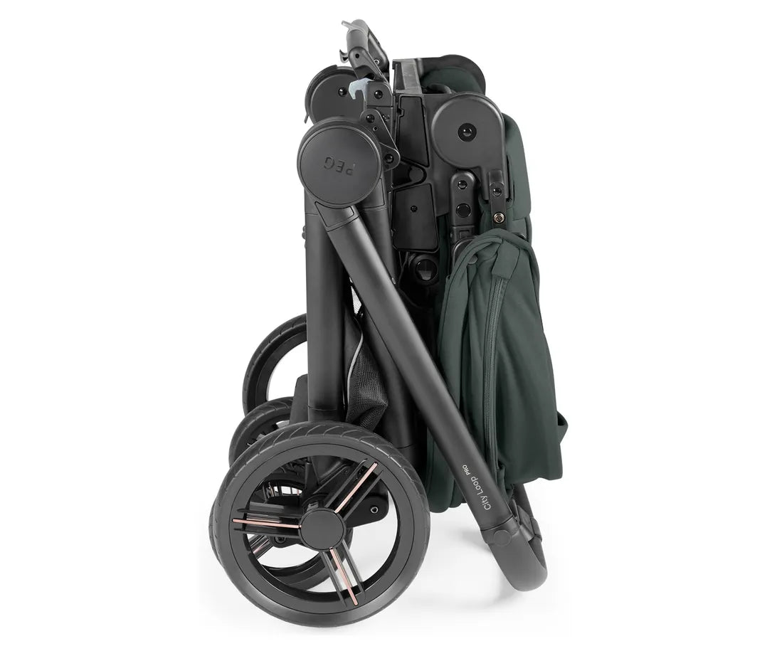 Peg perego city loop pro stroller black folding baby stroller with dark green fabric and metal wheel hubs viewed from back