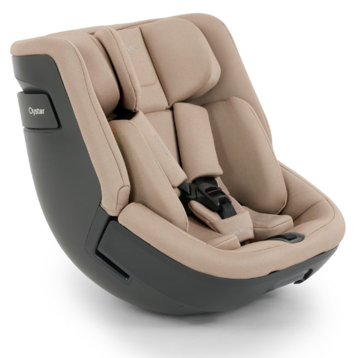Beige and black oyster 4 toddler 360 car seat with padded contoured upholstery designed for infant safety and comfort