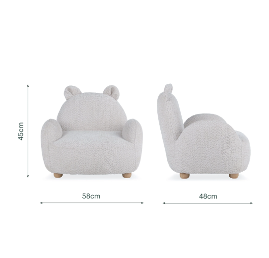 Soft off-white boucle mushroom Etta Bear kids chair with plush bear shape rounded ears and wooden legs