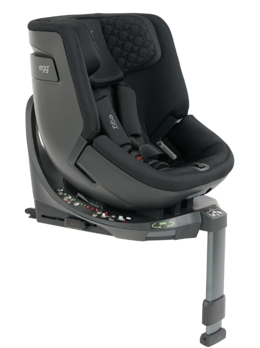 Egg toddler 360 car seat in carbonite black with sleek modern design and padded convertible upholstery for safety and comfort