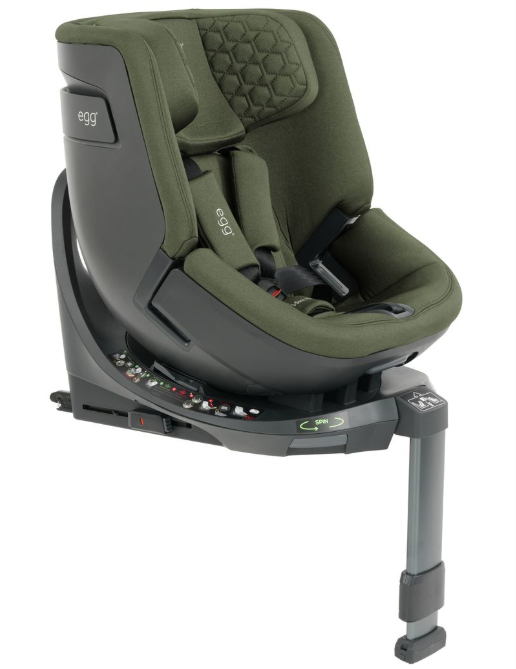 Olive green quilted fabric car seat with black plastic frame featuring egg brand logo in egg3 sage all stages 360 bundle