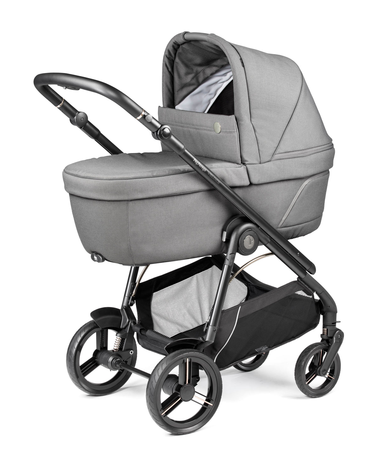 Gray fabric-lined baby carriage with black metal frame and wheels in peg perego veloce lite travel system 360 twist i-size bundle mercury