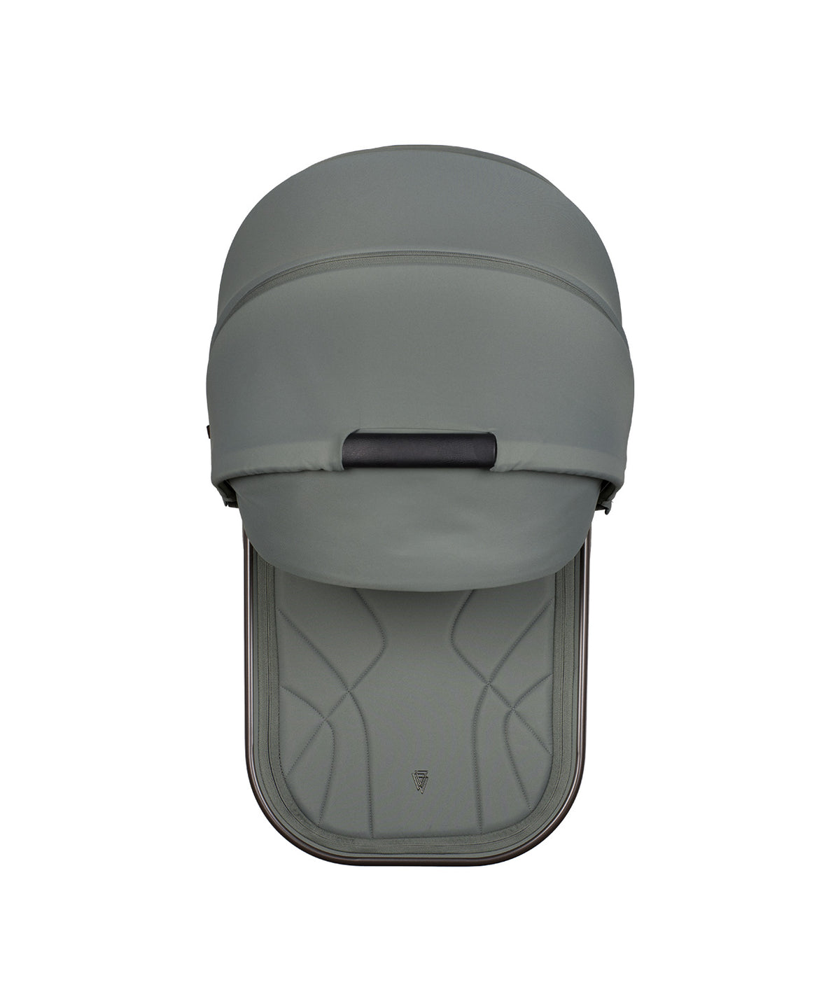 Gray fabric-covered canopy with black handle and stitched detailing on the back of venicci upline 3 aloe 2 in 1 pushchair