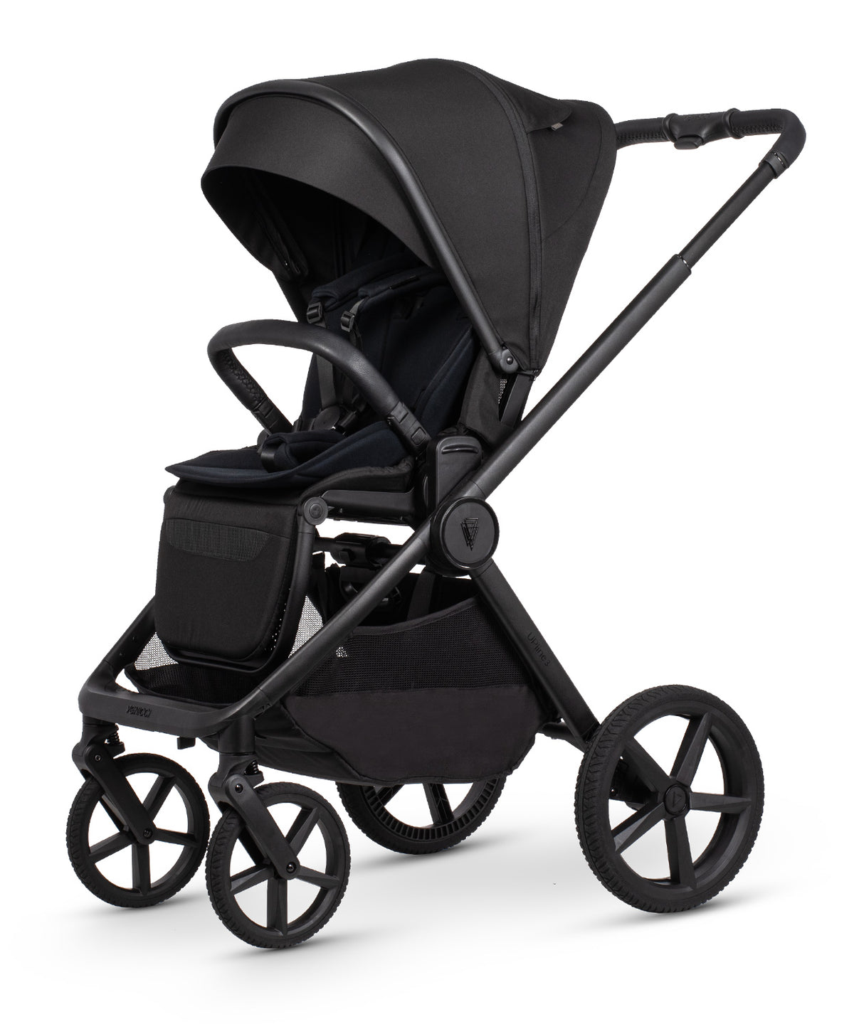 Black venicci upline 3 onyx 2 in 1 pushchair with sleek modern design and matte finish shown from the back side