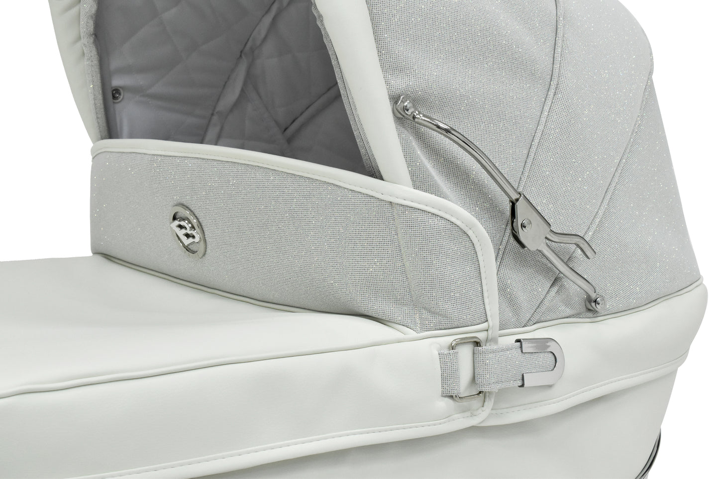 Bebecar Stylo Class Privé baby carriage with silver glitter fabric white leather trim and chrome hardware