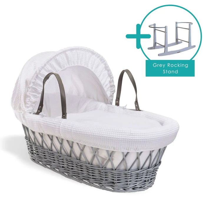 Baby Grey Wicker Moses Basket in White Waffle By Clair De Lune