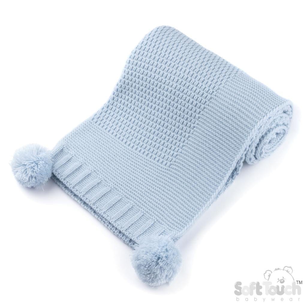 Baby Blue Ribbed Baby Blanket with Pom Poms soft touch