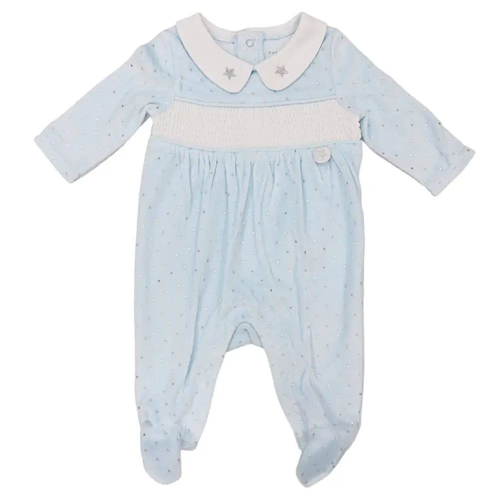 Baby Blue & Silver Polka Dot Velour Baby Sleepsuit General rock a bye baby