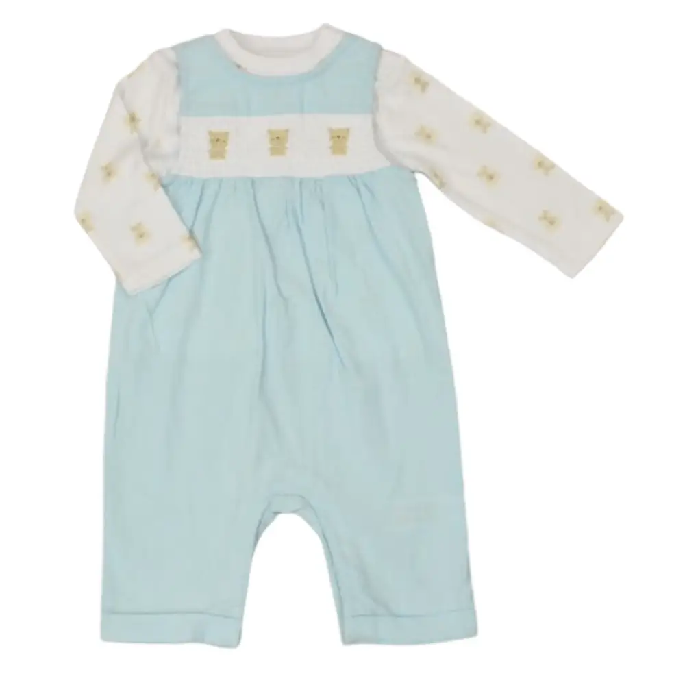 Baby Boys Blue and White Smocked Bear Romper Watch Me Grow