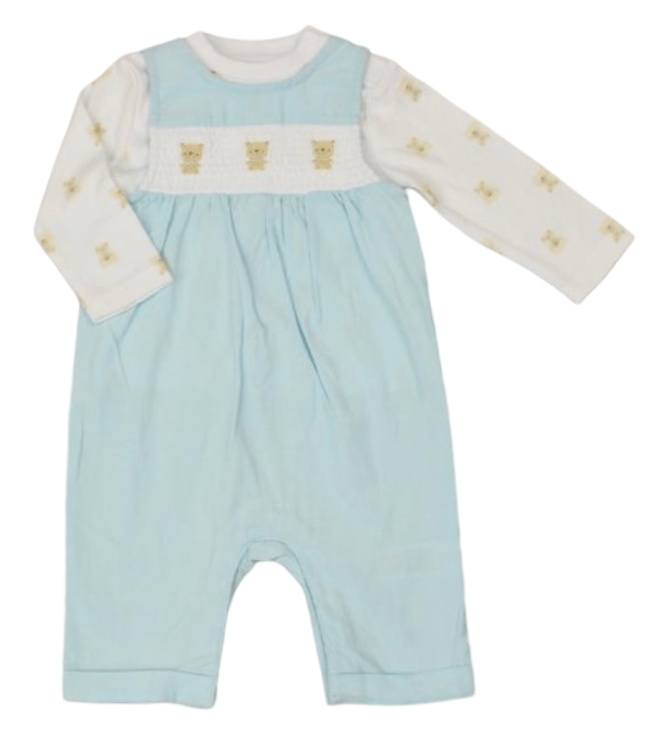 Baby Boys Blue and White Smocked Bear Romper Watch Me Grow