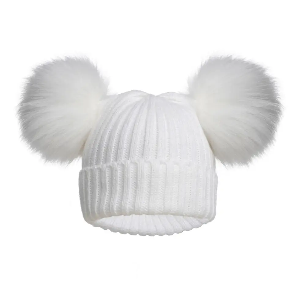 Baby Double Fur Pom Pom Hat in White General soft touch
