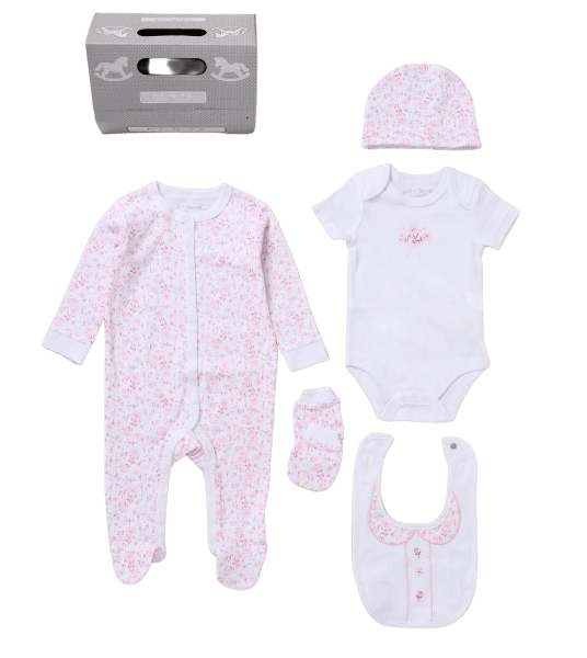 Baby Girls Floral Five-Piece Layette Set – White & Pink rock a bye baby